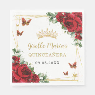 Rode Rozen Bloem Goud Vlinders Quinceañera Servet