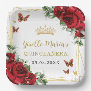 Rode Rozen Bloem Vlinders Quinceañera Papieren Bordje