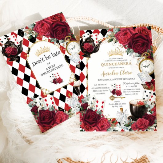 Rode Rozen Bloemen Alice in Wonderland Quinceañera Kaart
