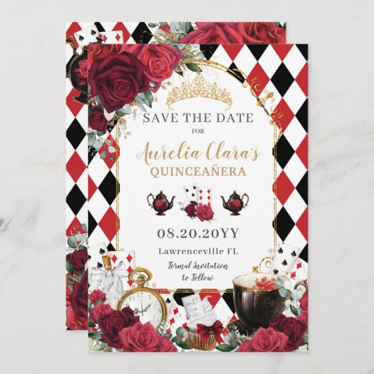 Rode Rozen Bloemen Alice in Wonderland Quinceañera Save The Date (Voorkant / Achterkant)