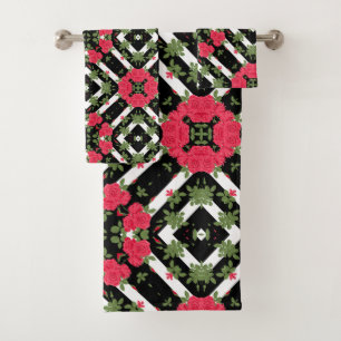 Rode rozen bloemen floreren kaleidoscopisch zwart bad handdoek