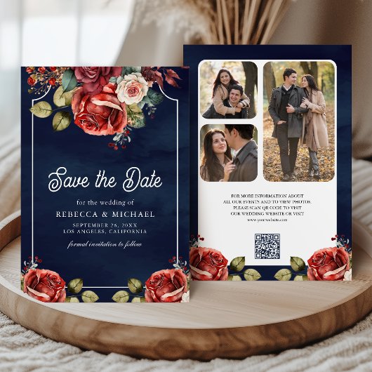Rode Rozen Bloemen Foto QR Code Marine Blauw Huwel Save The Date