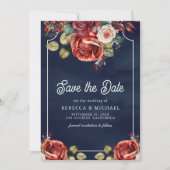 Rode Rozen Bloemen Foto QR Code Marine Blauw Huwel Save The Date (Voorkant)