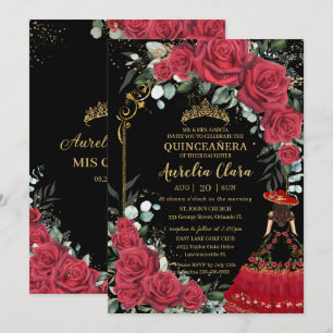 Rode Rozen Bloemenkrans Zwart Charro Quinceañera Kaart
