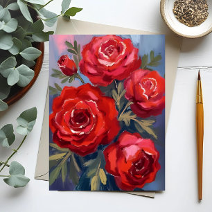 Rode Rozen   Bloemenschildering in waterverf Briefkaart