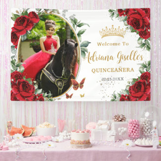 Rode Rozen Bloemenvlinders Quinceañera Foto Spandoek
