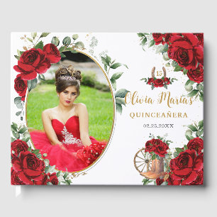 Rode Rozen Bloemige Charro Laarzen Quinceanera Fot Gastenboek
