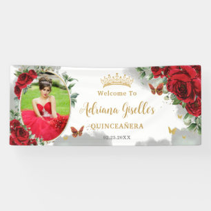 Rode Rozen Bloemrijke Gouden Quinceañera Fotobackd Spandoek