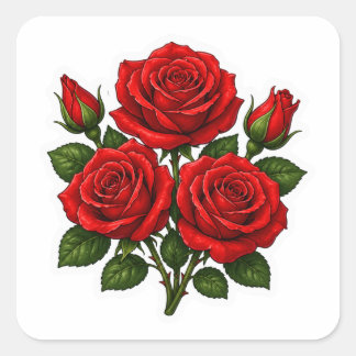 Rode Rozen Bloemrijke Romantische Achtergrond Stic Vierkante Sticker