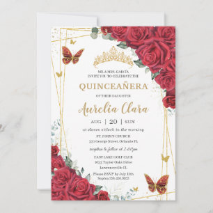 Rode Rozen Bloemstuk Gouden Vlinders Quinceanera 1 Kaart