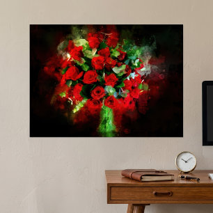 Rode Rozen Boeket Aquarel op Zwarte Achtergrond Poster