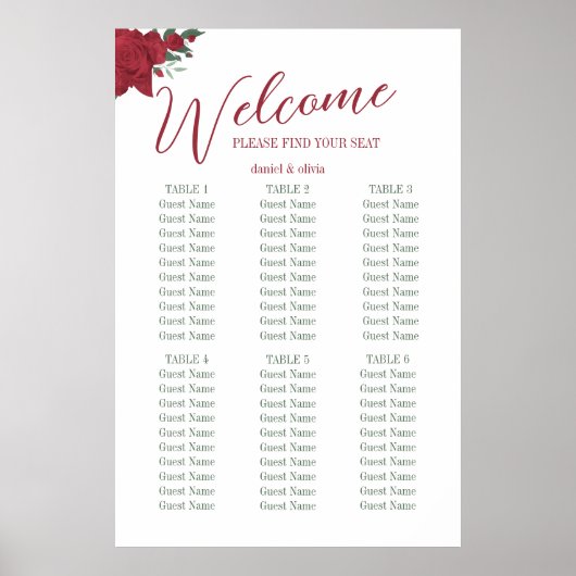 Rode Rozen Boho Wedding Seating Charts Poster (Voorkant)
