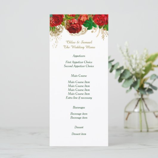 Rode Rozen Border Bruiloft Menu (Staand voorkant)
