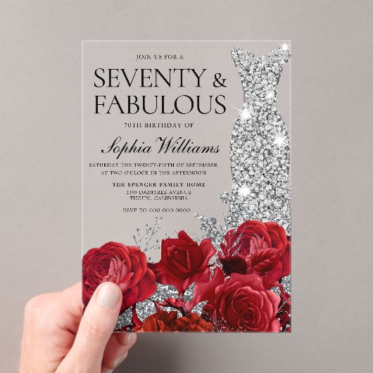 Rode Rozen Diamanten Jurk Vrouwen 70ste Verjaardag Acryl Uitnodigingen (Insitu (Draagbaar))