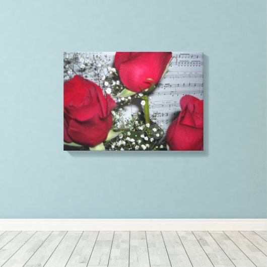 Rode rozen en bladmuziek canvas afdruk (Insitu (Houten vloer))