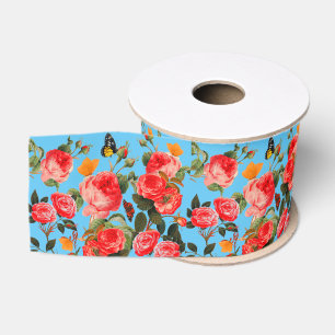 RODE ROZEN EN GELE VLINDERS Blauwe Bloemen Grosgrain Lint
