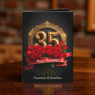 Rode Rozen en Goud Nummer 35ste bruiloft Jubileum Kaart