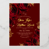 Rode rozen en gouden folie bruiloft folie uitnodiging (Voorkant)