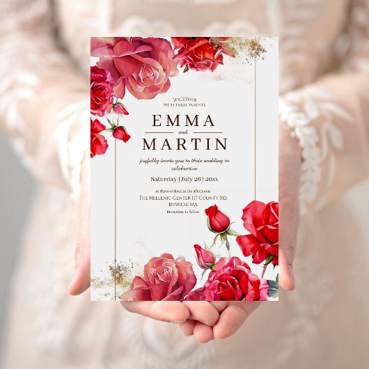 Rode Rozen en Goudstof Elegante Moderne Trouw Kaart