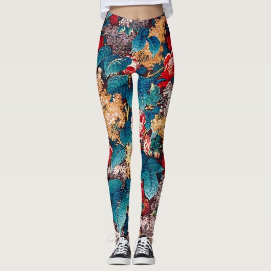 rode rozen en lila bloemmotief leggings (Voorkant)