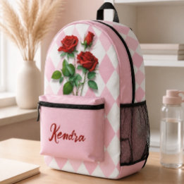 Rode rozen en roze en witte diamantpatroon bedrukte rugzak