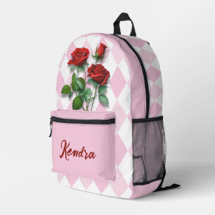 Rode rozen en roze en witte diamantpatroon bedrukte rugzak