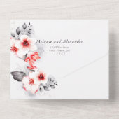 Rode rozen en witte bloemen elegante moderne bruil all in one uitnodiging (Achterkant)