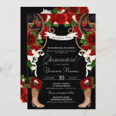 Rode rozen en zwarte Mariachi/Charro Quinceanera Kaart (Voorkant / Achterkant)
