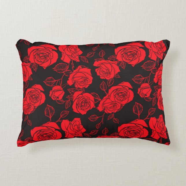 "Rode Rozen" Floral Art Patroon Accent Kussen (Voorkant)