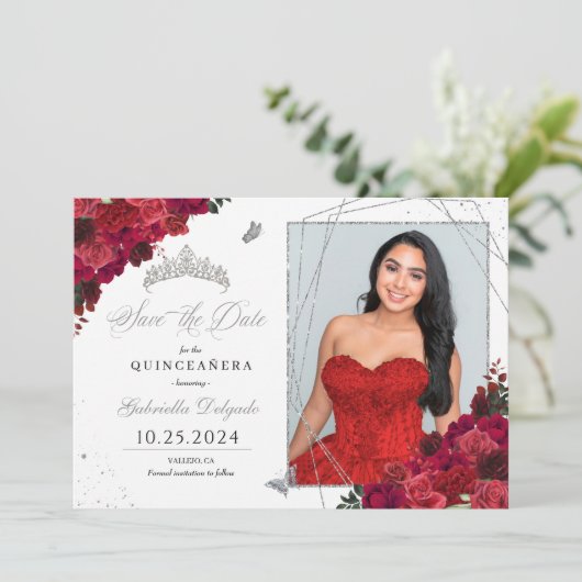Rode Rozen Fotokaart Quinceañera De datum opslaan Kaart (Staand voorkant)