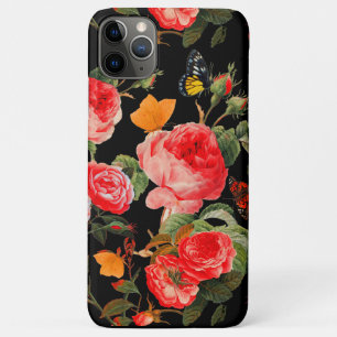 RODE ROZEN, GELE VLINDERS Zwart Bloemen iPhone 11 Pro Max Hoesje
