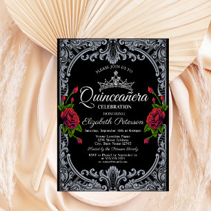 Rode Rozen Gothic Zwarte Strepen Quinceañera Kaart