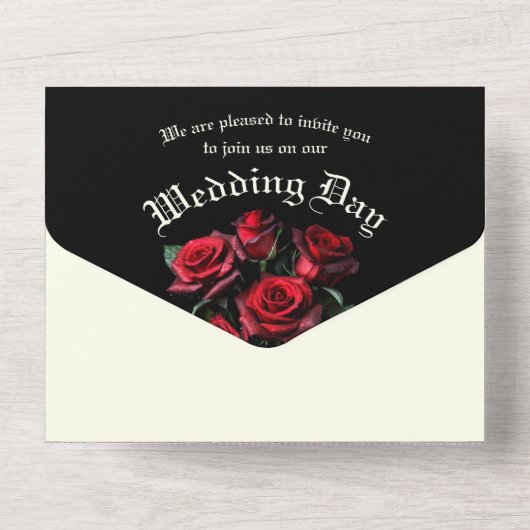 Rode Rozen Gotische Bruiloft All In One Uitnodiging (Achterkant)