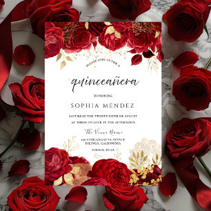 Rode Rozen Gouden blad Quinceanera Party Kaart