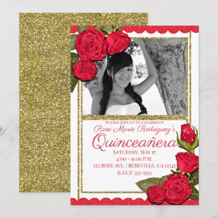 Rode Rozen Gouden Glitter Quinceañera Verjaardagsf Kaart