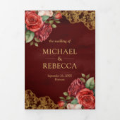 Rode Rozen Gouden Kant Maroon QR Code Foto Bruilof Drieluik Uitnodiging (Cover)