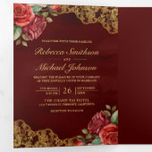 Rode Rozen Gouden Kant Maroon QR Code Foto Bruilof Drieluik Uitnodiging (Binnenzijde eerst)