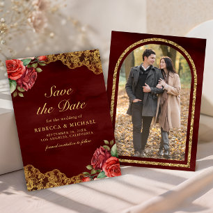 Rode Rozen Gouden Kant Paarse Foto Bruiloft Save The Date