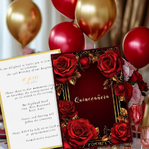 Rode Rozen Gouden Lijst Quinceañera Folie Uitnodig Uitnodiging