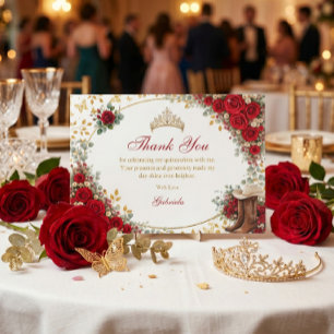 Rode Rozen Gouden Vlinders Quinceañera Bedankkaart