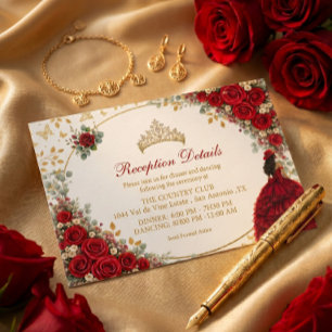 Rode Rozen Gouden Vlinders Quinceañera Informatiekaartje