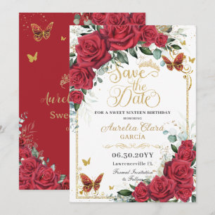 Rode Rozen Gouden Vlinders Quinceanera Sweet 16 Save The Date