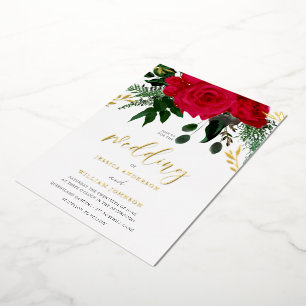 Rode Rozen & Groen Blad Bruiloft Goud Folie Uitnodiging