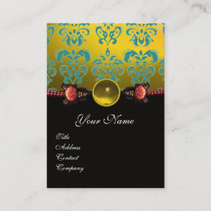 RODE ROZEN, GROENE ZWARTE DAMASKMONOGRAM VISITEKAARTJE