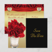 Rode Rozen & Harten, Goud & Zwarte Bruiloft Aankondigingskaart (Voorkant / Achterkant)