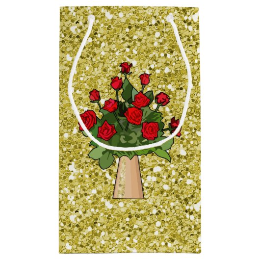 Rode rozen in Vase Gold Faux Glitter Klein Cadeauzakje (Achterkant)