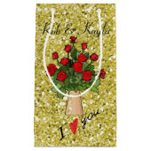 Rode rozen in Vase Gold Faux Glitter Klein Cadeauzakje (Voorkant)