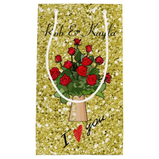 Rode rozen in Vase Gold Faux Glitter Klein Cadeauzakje (Voorkant)