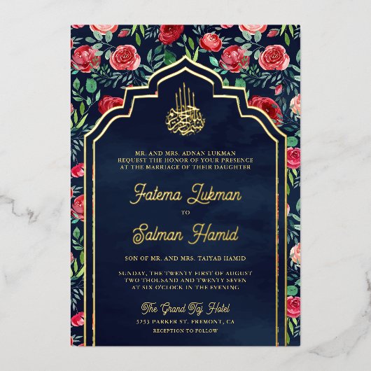 Rode Rozen Marine Blauw Bloemen Moslim Bruiloft Go Folie Uitnodiging (Voorkant)