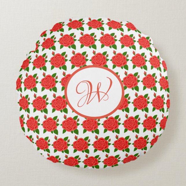 Rode rozen met Buds Monogram Round Pillow Rond Kussen (Voorkant)